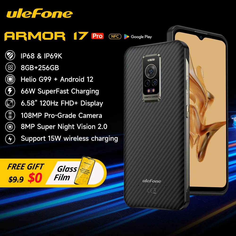 Ulefone Armor 17 Pro Rugged Smartphone, 120Hz, 108MP, Android 12, Night Vision, Helio G99, RAM 8GB, ROM 256GB, NFC, Global