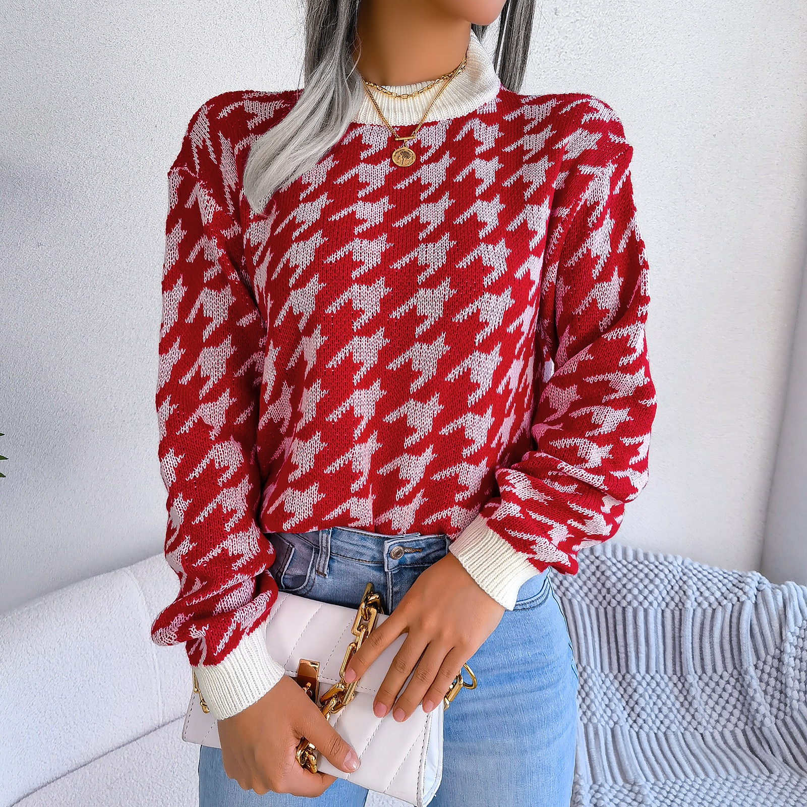 DUYIT Houndstooth Long Sleeve Pullover Knit Sweater Autumn/Winter New Casual Versatile Half Turtleneck Top Multicolor Optional