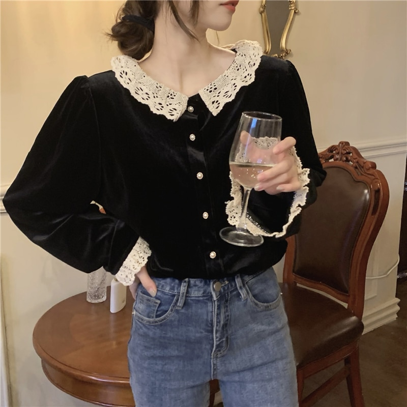 Fall Winter Long Sleeve Shirt Women's Korean Fashion Lace Trim Two Side Wear Velvet Blouses Vintage Female Bottoming Tops