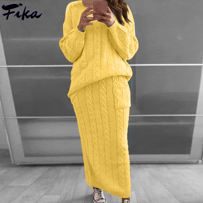 2022 Casual Solid Autumn Winter Warm Knitted Outfit Two Piece Set Long Sleeve Pullovers Sweater Top and Knitted Skirt 2PCS Suits