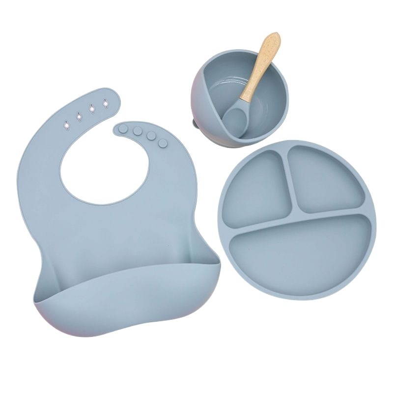 6pcs Baby Silicone Tableware Dining Bib Divided Plate Spoon Fork Feeding Sets Baby Dishes Food Training Bowl Suction Children