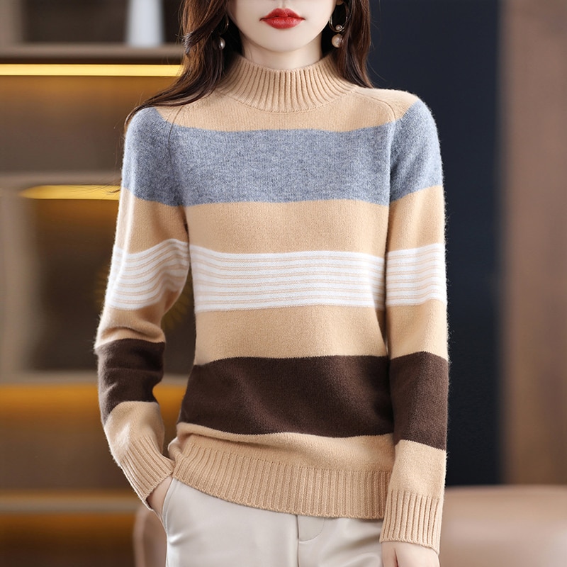 Turtleneck Women Sweaters Striped Knitwears Pullover Cashmere Female Clothing 100% Wool Long Sleeve Tops Knitted Fashion Jumpers