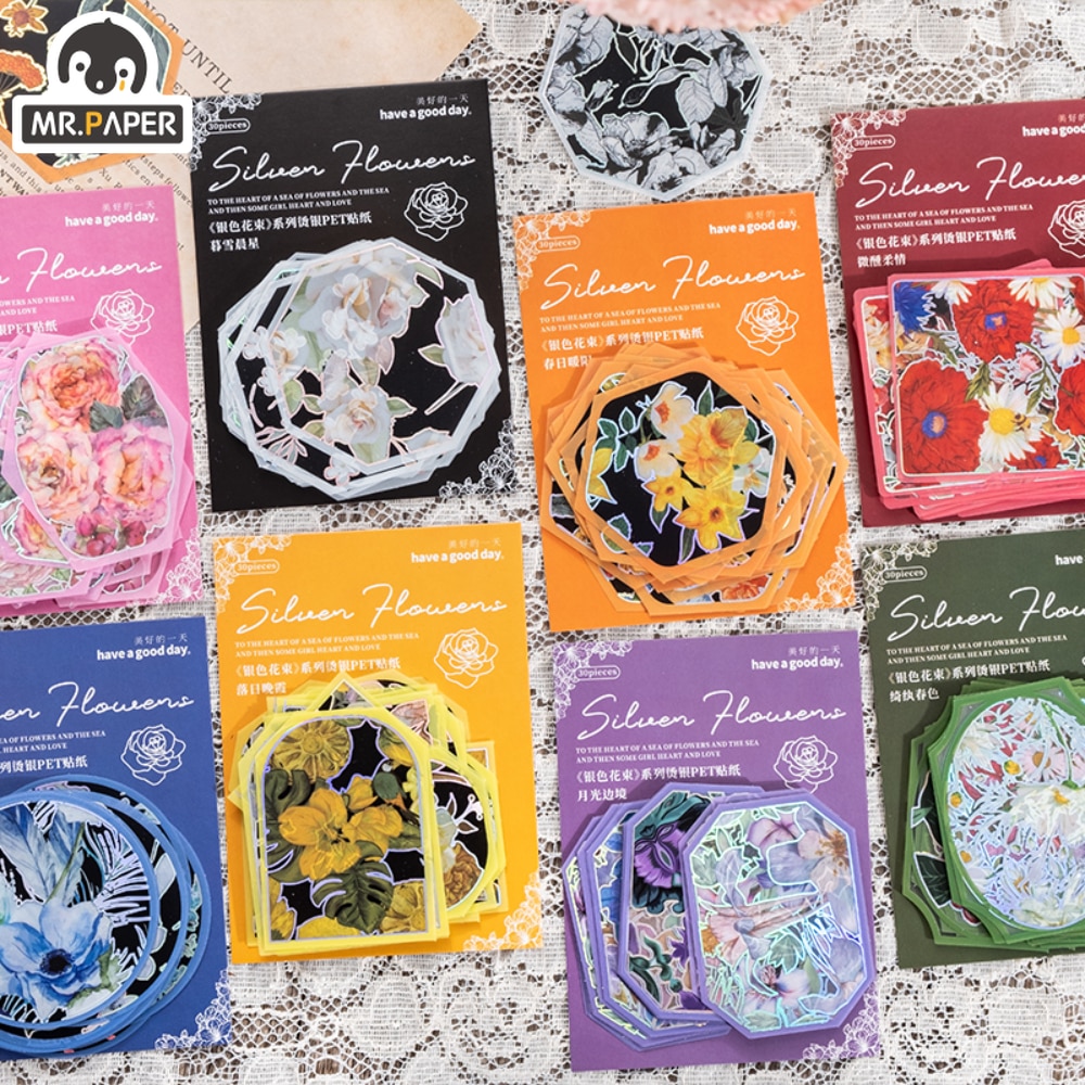 Mr. Paper 8 Style 30pcs/bag Aesthetic Flowers PET Sticker Creative Watercolor Rose Hand Account Decorative Stationery Sticker