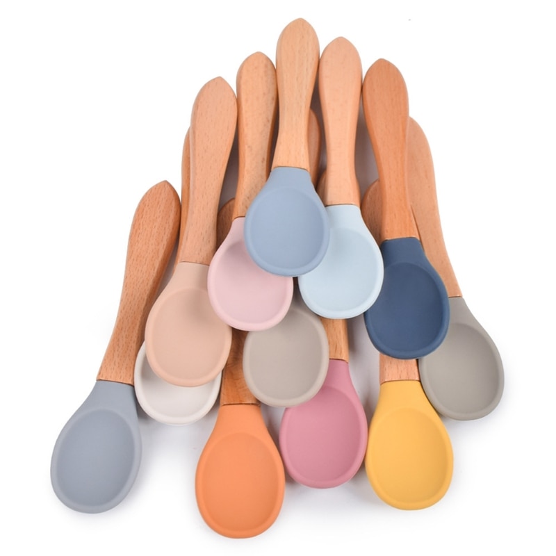 Wooden Handle Silicone Spoon and Fork Set Infant Baby Food Grade Feeding Utensils Kid Training Solid Tableware Supplies