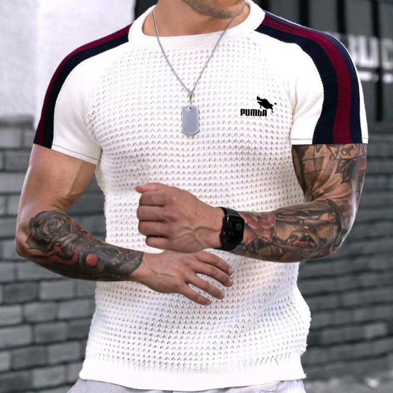 Men's Spring Summer New Waffle Shirt For Men Male Color-blocking High-quality Casual Knitted Heavy Round Neck Top Tees