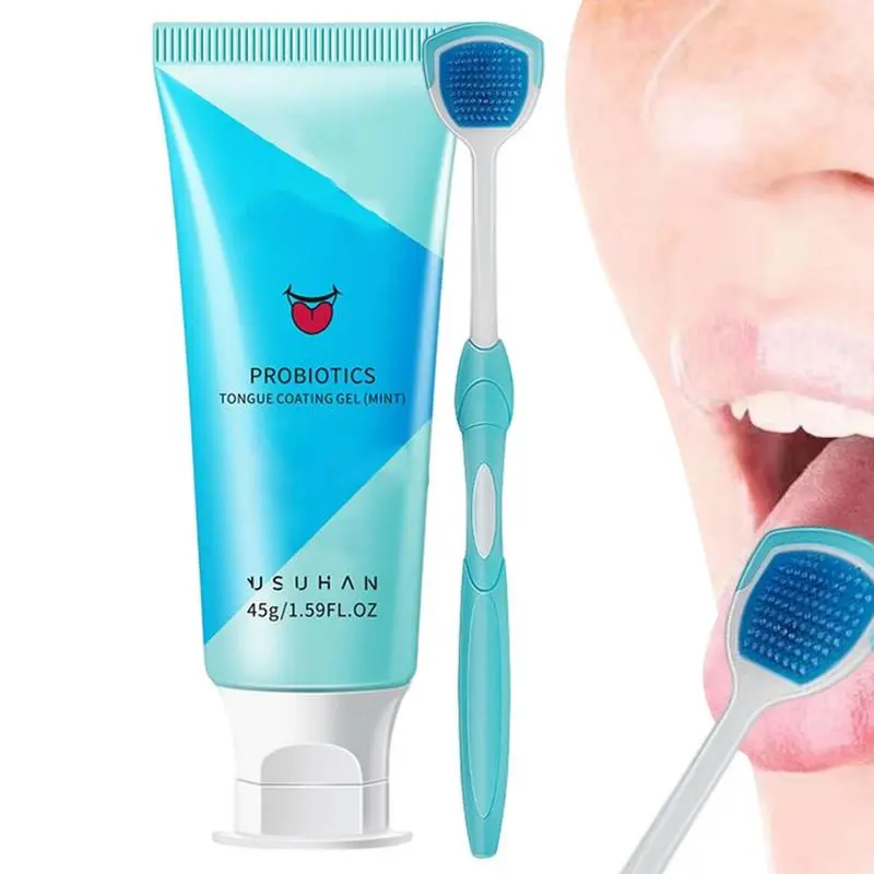Tongue Cleaners With Brush Scraper Fight Bad Breath Mild Formula Cleaning Gel Remove Oral Odor Tongue Care