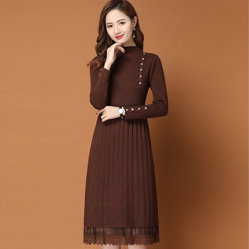 Autumn Winter Knitwear Dress Female Mock Neck Over The Knee Match with Coat Lace Base Sweater Dress Female