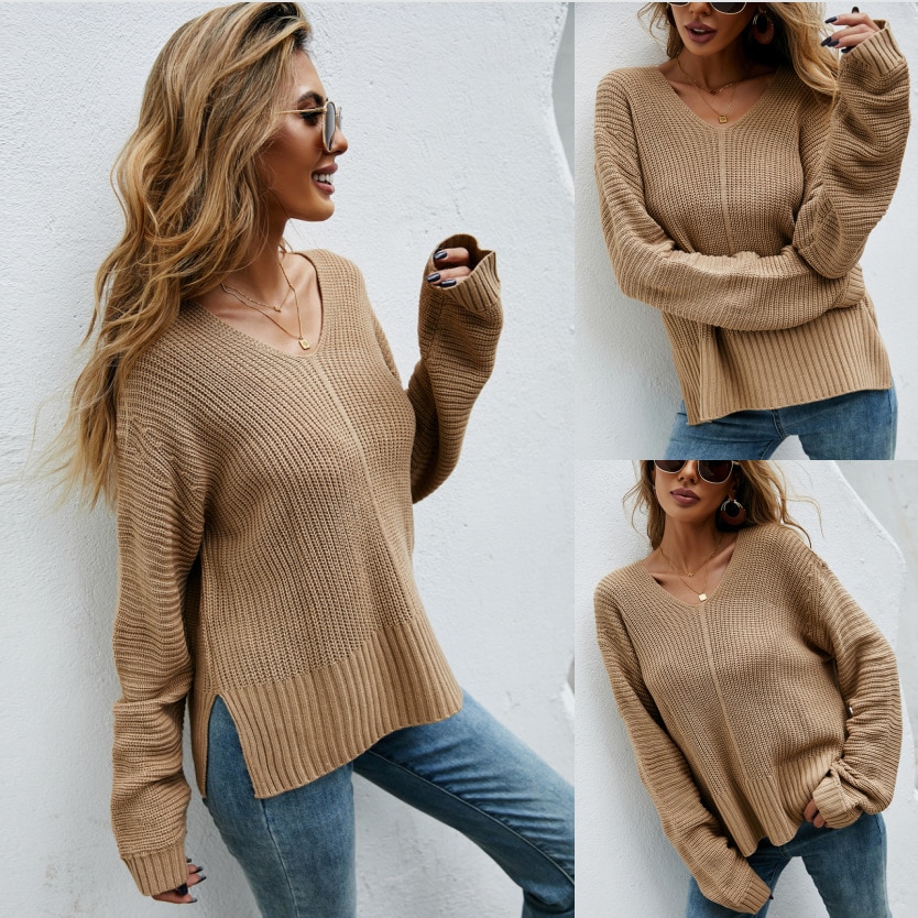2022 Autumn And Winter Woman's V-neck Split Fork Pullover