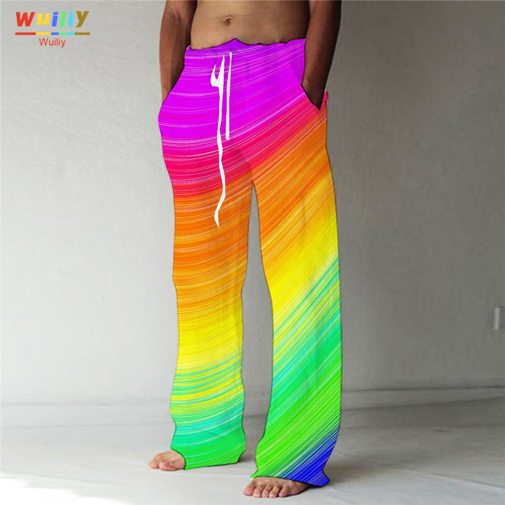 Men's Ranibow Pattern Straight Trousers 3D Print Elastic Drawstring Design Front Pocket Pants Beach Colorful Graphic Comfor