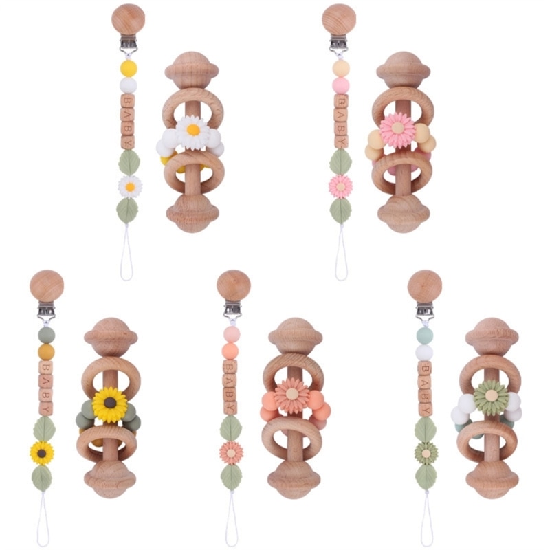 Wooden Pacifier Clips Rattle Shake Toy Dummy Chain Holder Newborn Soother Chains Nipple Holder Shower Gift