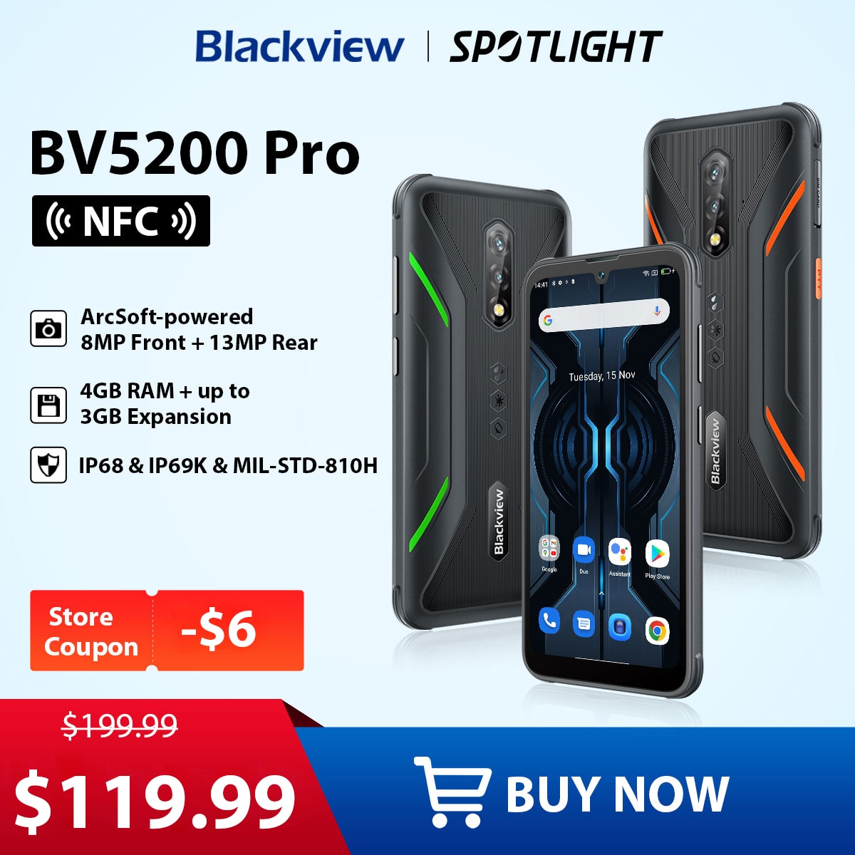Blackview Unlocked Smartphone BV5200 Pro Rugged Phone Android12 4GB 64GB Mobile Phone 13MP Camare, 5180mAh Cellphone
