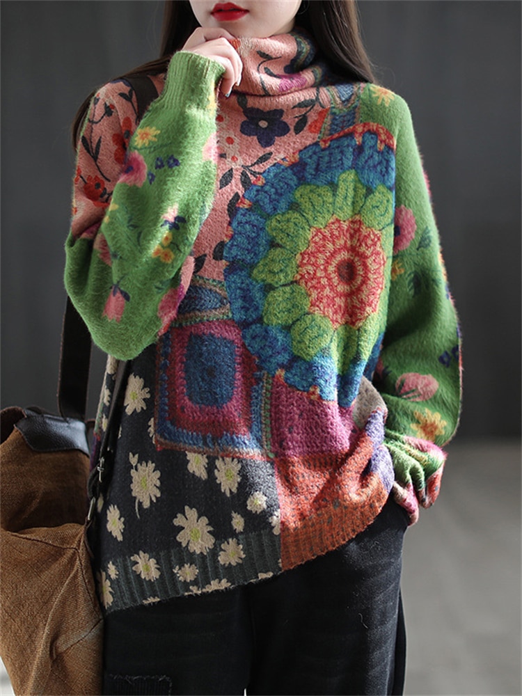 Comfortable Soft Imitation Mink Hair Women's Turtleneck Sweater Vintage Floral Printing Loose Casual Long Sleeve Gentle Kni