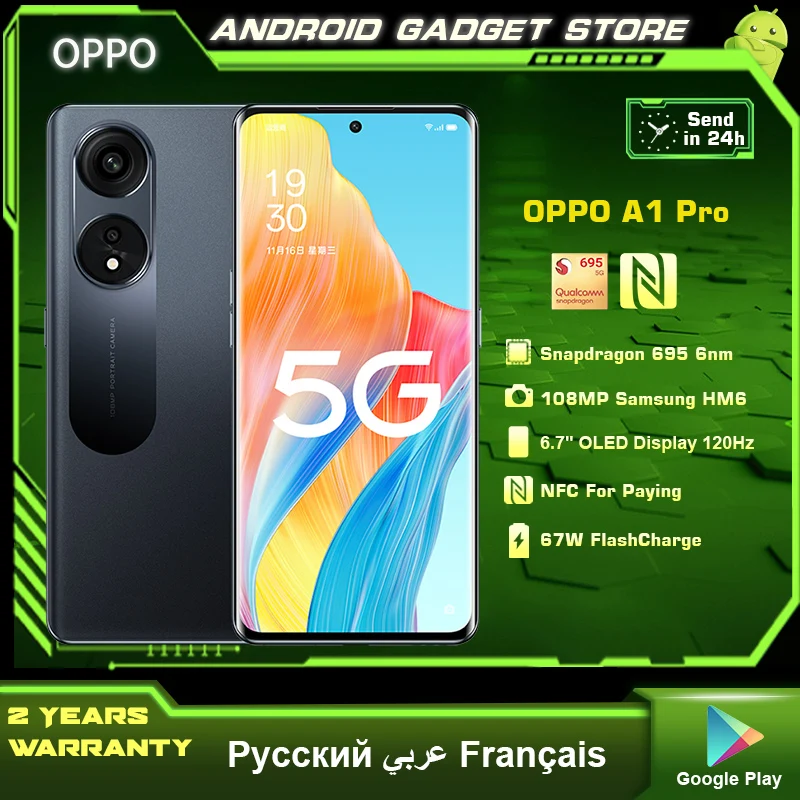 New Original OPPO A1 PRO 5G Smartphone Snapdragon 695 6.7'' 120HZ OLED 100M Camera 67W Super Charge 4800mAh NFC Mobile