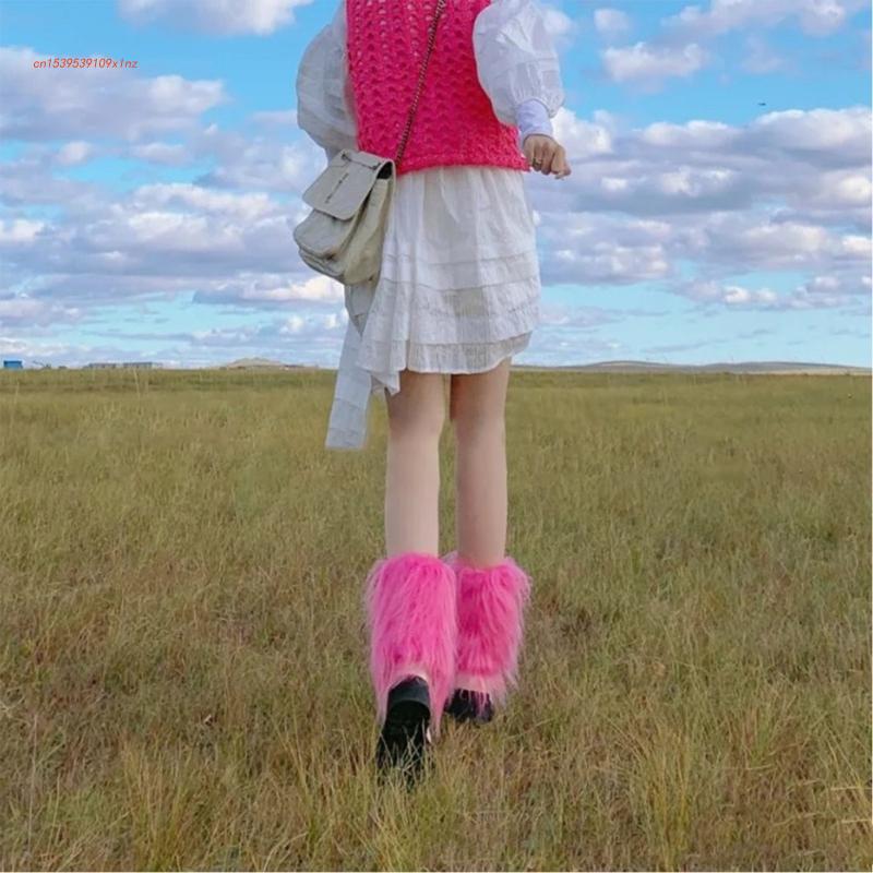 Women Winter Furry Leg Warmers Harajuku Gothic Rose Red Faux Fur Leggings Cover