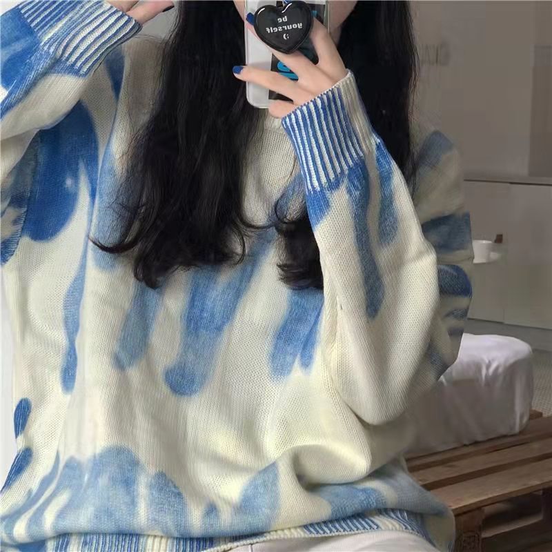 Y2K Sweater wind knitted tie-dyed pullover loose long sleeve bottoming shirt women lazy wind autumn and winter new style