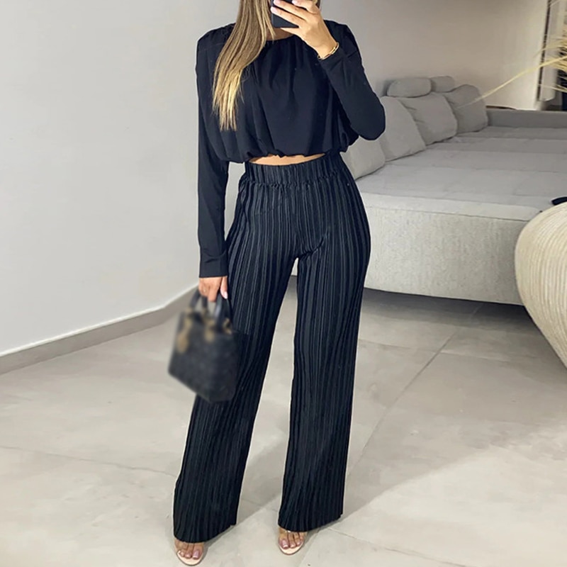 Elegant O-neck Long Sleeve Tops and Long Pant Outfits Women Casual Loose Two Piece Suits Spring Fall Fashion Pleated Solid Sets