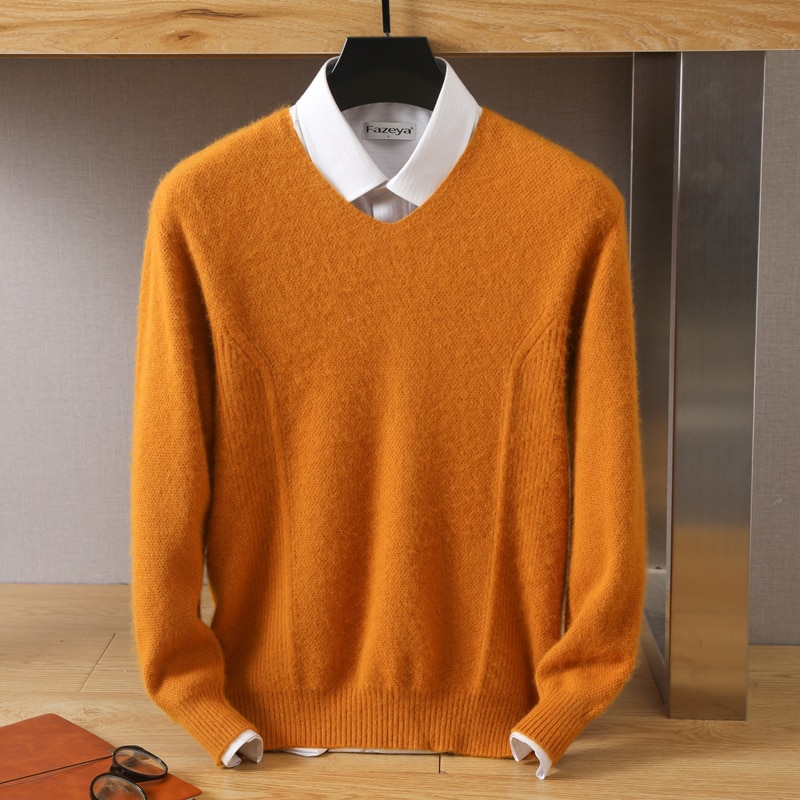 Men's 100% Pure Mink Cashmere Sweater V-Neck Pullovers Knit Sweater Autumn and Winter New Long Sleeve High-End Jumpers Mink