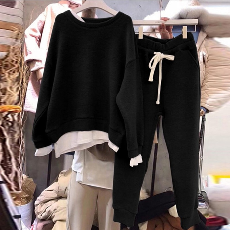 Women Two Paper Split Joint Loose Pullover Pants Two Piece Set Woman Suit Casual Tracksuit Hoodies And Sweatpants Streetwear