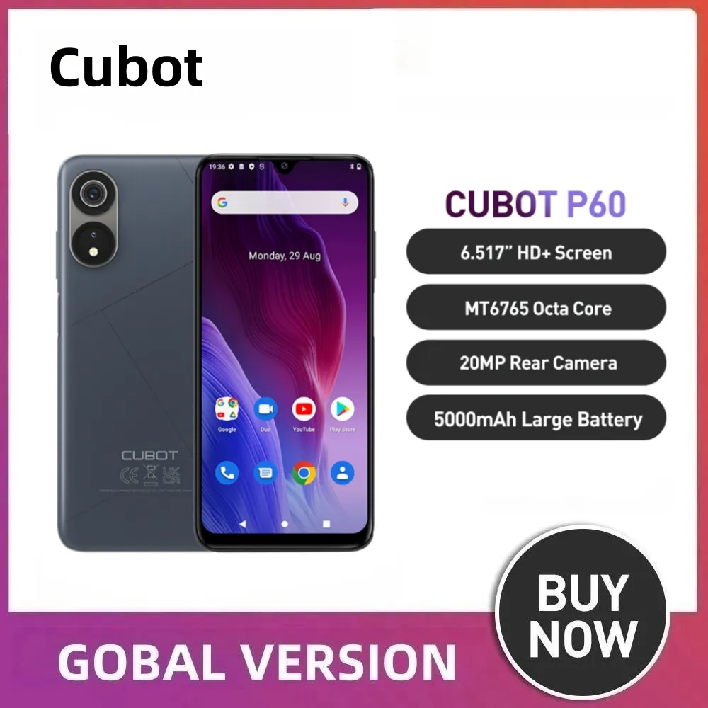 Cubot P60 Mobile Phone 6GB+128GB 15000mAh 6.517 Inch HD Screen Android 12 MTK6765 Octa Core Mobile Phone 20MP Rear Camera