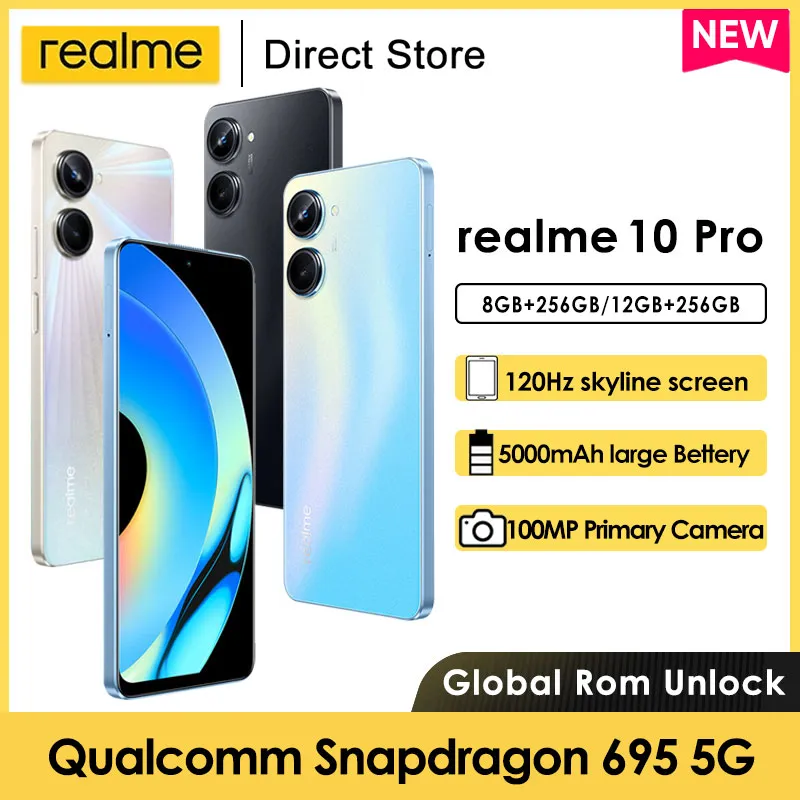 realme 10 Pro Smartphone Snapdragon 695 6.72" FHD+ 120Hz 5000mAh 100MP Rear camera 33W Changer Android Cell Phone