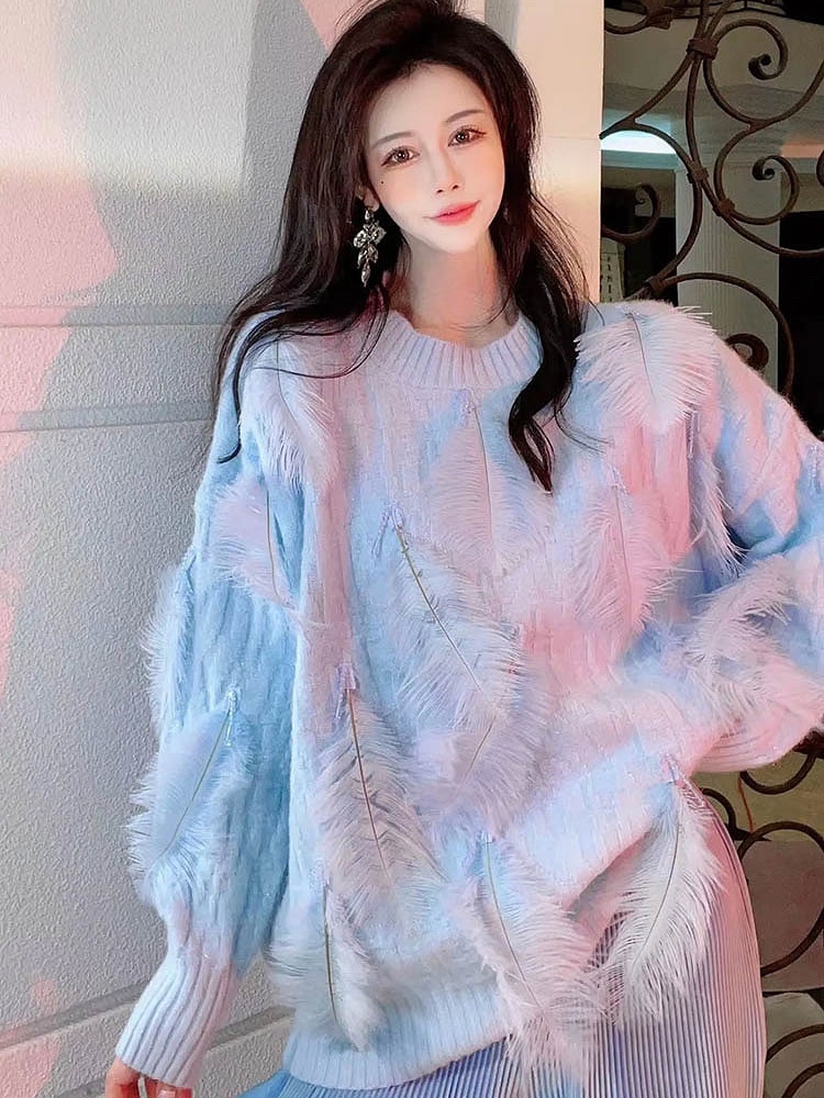 New Autumn Winter Women Sweaters Thicken Beading Feather All-match Loose Pullover Top Mid-long Cute Long Sleeve Knitted Sweater