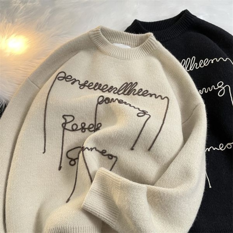 Hip Hop Brand Letter Embroidery Solid Oversized Sweater Mens Loose Streetwear O-neck Pullover Korean Harajuku Winter Y2K Clothes