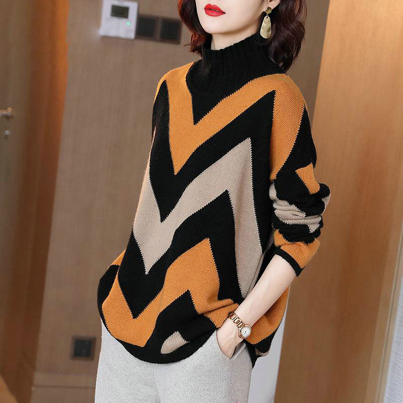 Women's Clothing Zigzag Contrasting Colors Sweaters Autumn Winter Spliced Fashion Loose Turtleneck All-match Screw Thread J