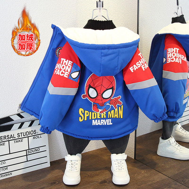 Boys Spiderman Cartoon Hooded Coat Autumn Winter Thickening Keep Warm Jacket Kids Long Sleeve Cotton Outerwear Children's W