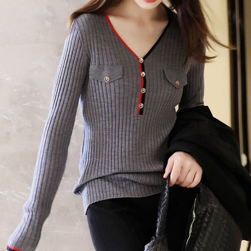 Spring Autumn Women's New Contrasting Colors Pullovers Sweaters V-Neck Slim Long Sleeve Jumpers Undercoat Knitted Fashion C