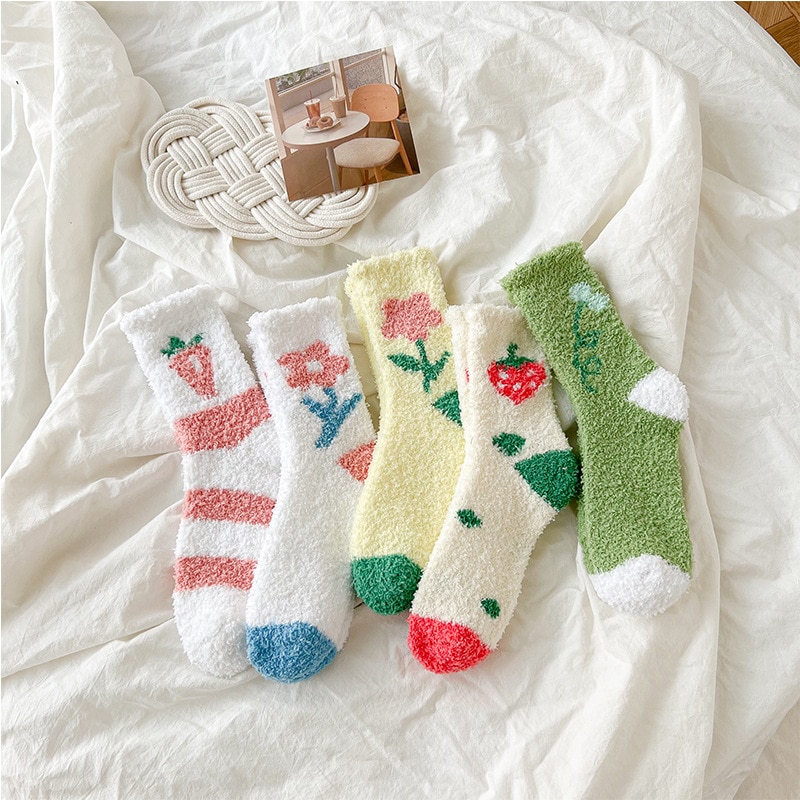 Cute Korean Coral Fleece Mid Tube Socks Small Flower Fruit Print Women Girls Socks Japanese Sweet Streetwear Home Floor Socks