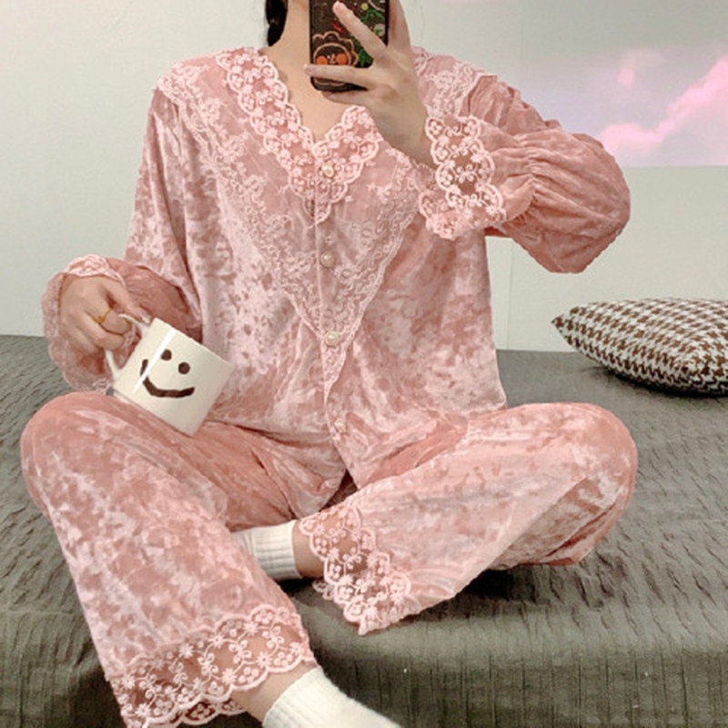 Fdfklak Korean Elegant Gold Velvet Pajamas For Women Sweet Lace Long Sleeve Sleepwear Set V Neck Spring Autumn Home Clothes