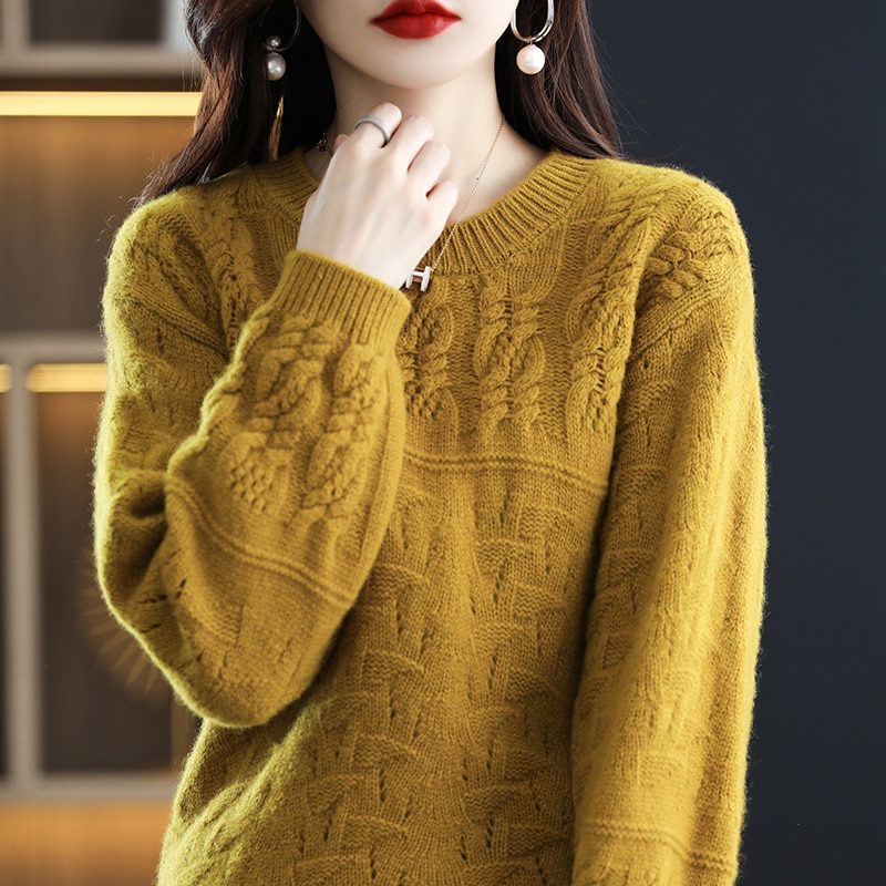 Autumn and Winter 100% Pure Wool Women's O-Neck Pullover Slim Fit Knitted Top Super Large Women's Cashmere Sweater Lon