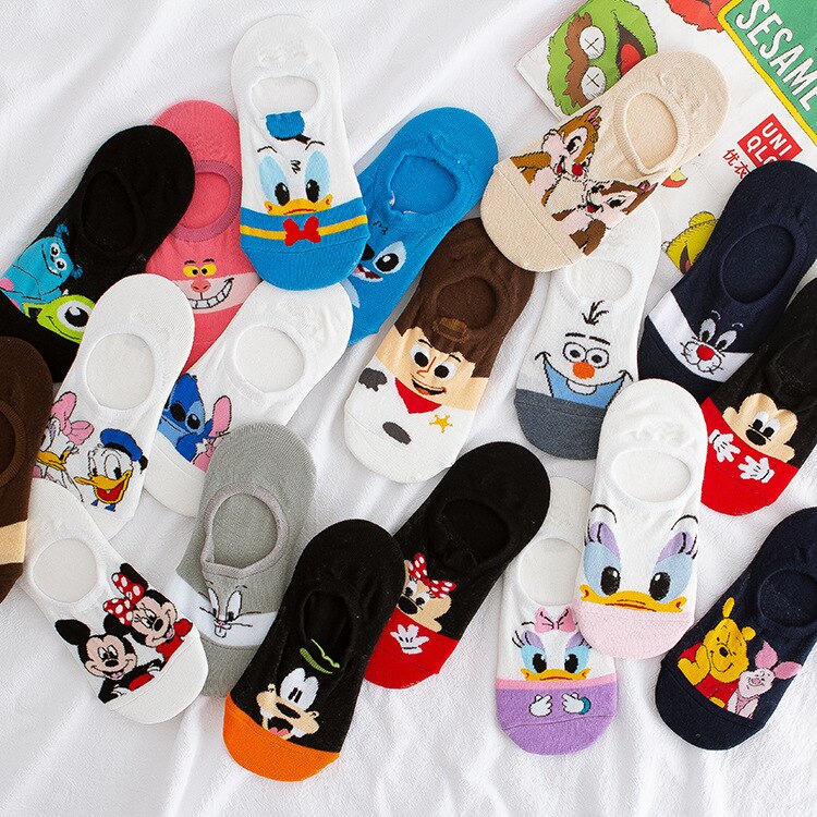 Cute Disney Mickey Mouse Short Women's Socks Summer Minnie Stitch Cotton Girls' Women's Boat Socks Low Ankle Wome