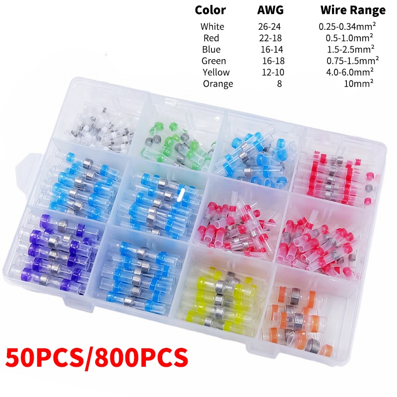 50/800Pcs Solder Seal Stick Wire Connectors Heat Shrink Butt Crimp Terminals Kit Waterproof Electrical Cable Splice Connector