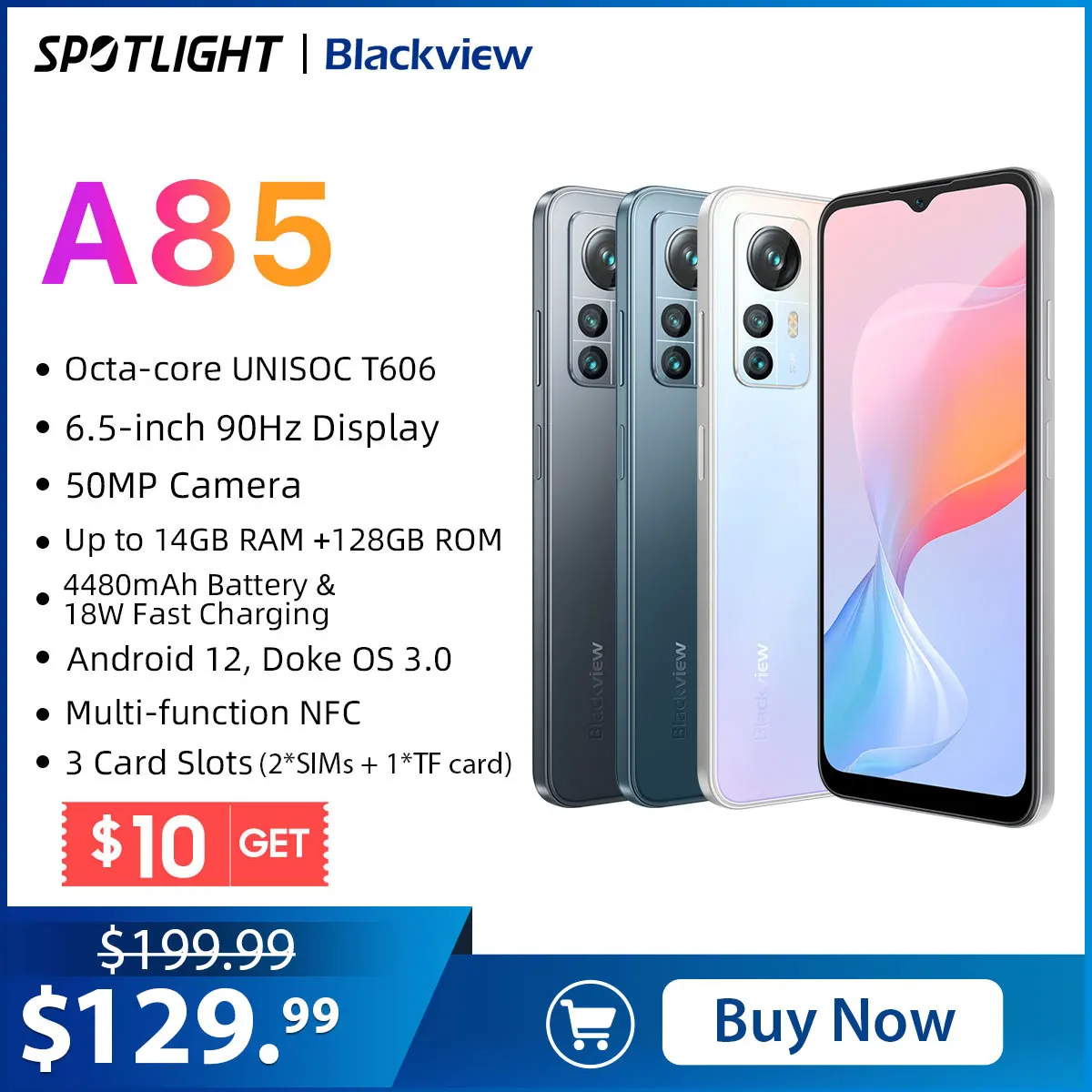 Blackview A85 Android 12 smartphone 14GB 128GB 6.5'' 90Hz Display 50MP Rear Cameras 4480mAh 18W Charge 3 Slot Card NFC