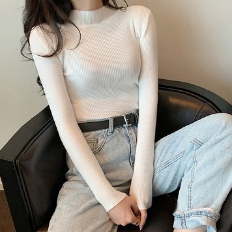 Women Wool Sweater Fashion Winter Knitted Turtleneck Sweater Long Sleeve Round Neck Pullovers Solid Color Casual Sweaters