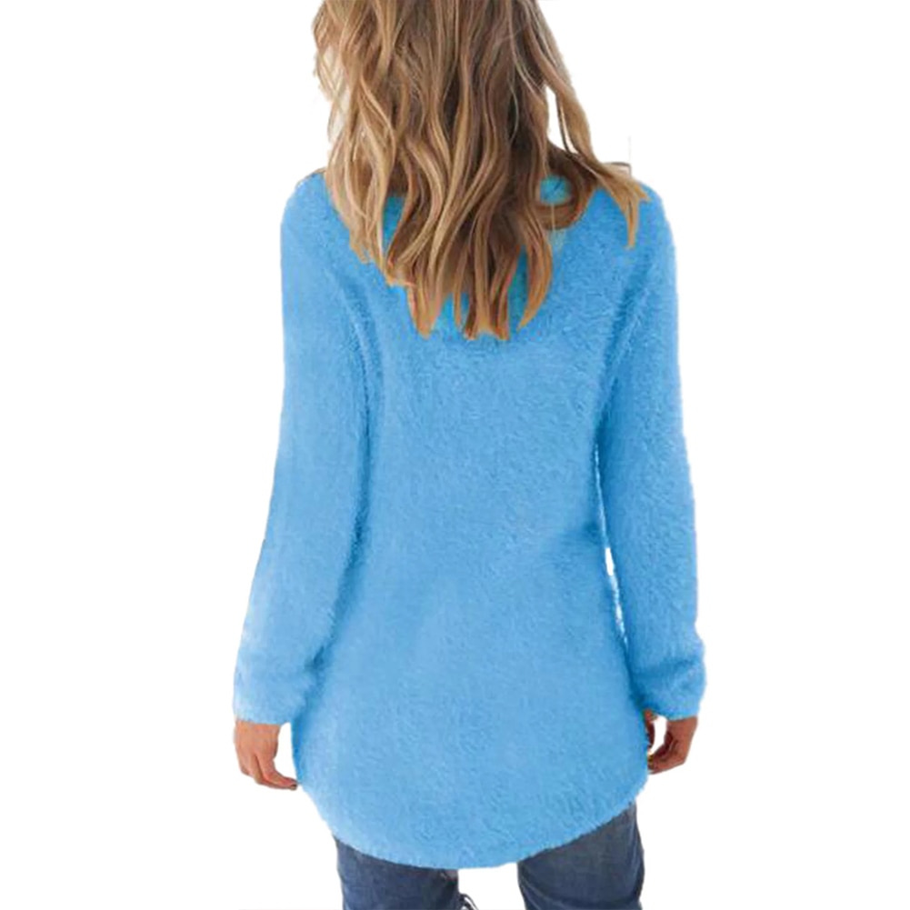 Fluffy Daily Women Sweater Crew Neck Loose Pullover Soft Gift Long Sleeve Autumn Winter Solid Casual Fashion High Low Hem