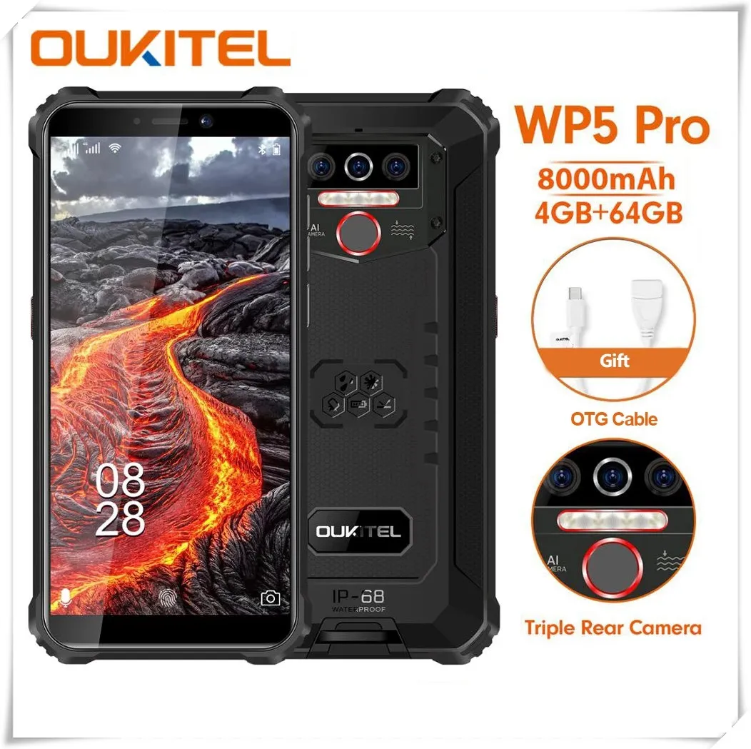 Original OUKITEL WP5 Pro IP68 Smartphone 4GB 64GB 8000mAh 5.5"HD MT6762D Octa Core Android10 Mobile Phone 13MP 4G LTE Cell 