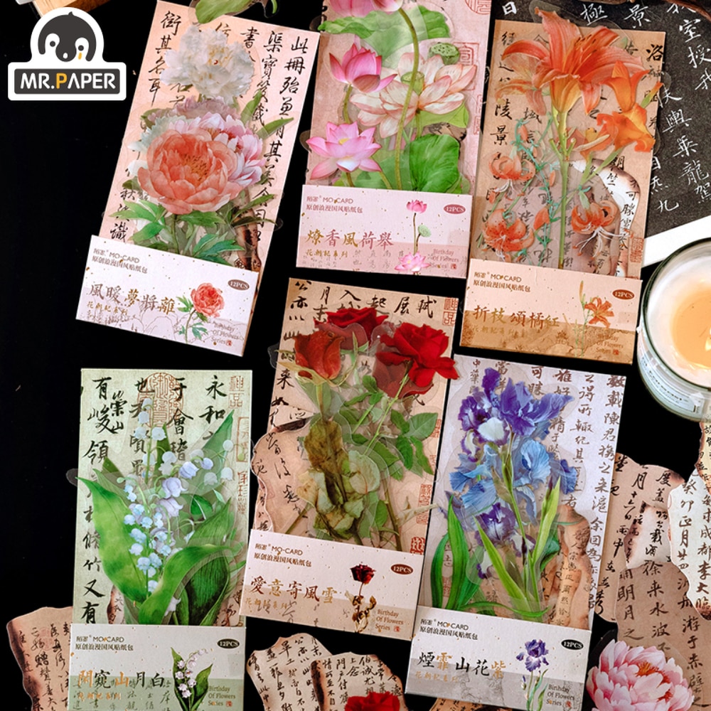 Mr. Paper 6 Style 12pcs/bag Vintage Plant Sticker Creative Romantic Beautiful Flower Hand Account Decorative Stationery Sticker