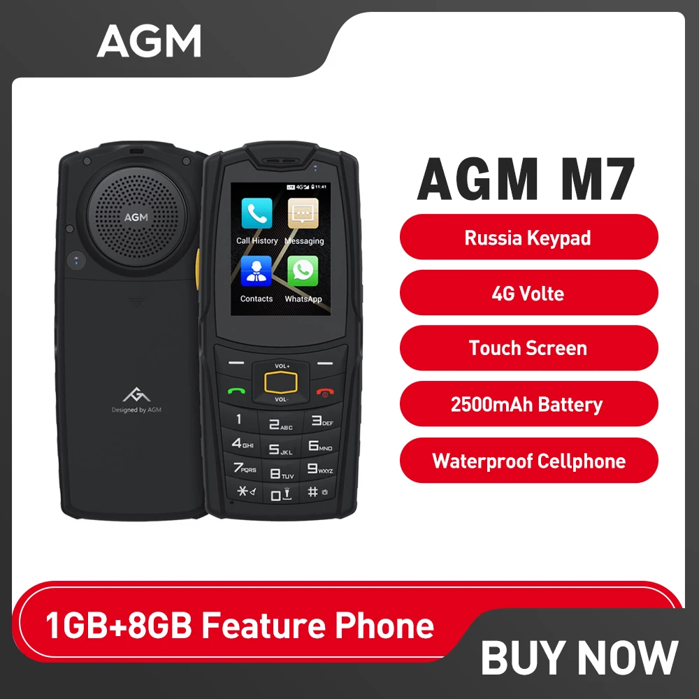NEW AGM M7 Feature Phone4G Android Waterproof Touch Screen Mobile Phone 2500mAh Cellphone, English Russia, Keypad Rugged Phone