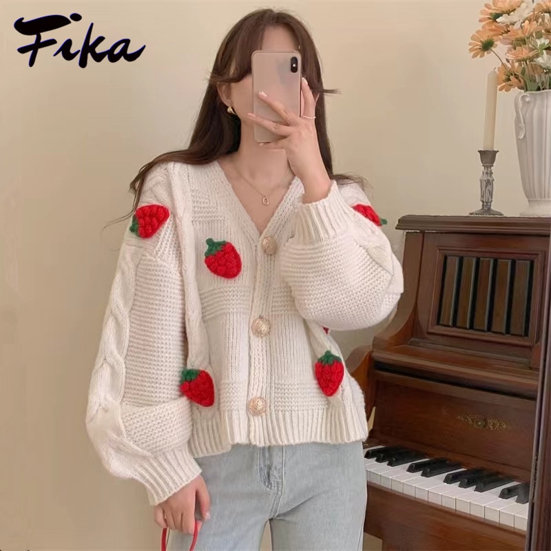 Autumn Long Sleeve Single Breasted Chic Kintted Strawberry Sweaters Cardigan for Women 2022 Winter Slight Strech Casual Cardigan