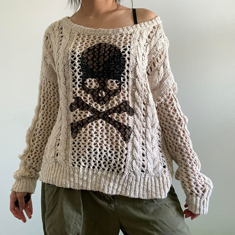 Women’s Hollow Out Sweaters Long Sleeve Off Shoulder Skull Print Cable Knit Jumper Tops Fashion Pullovers Autumn Warm Clothes