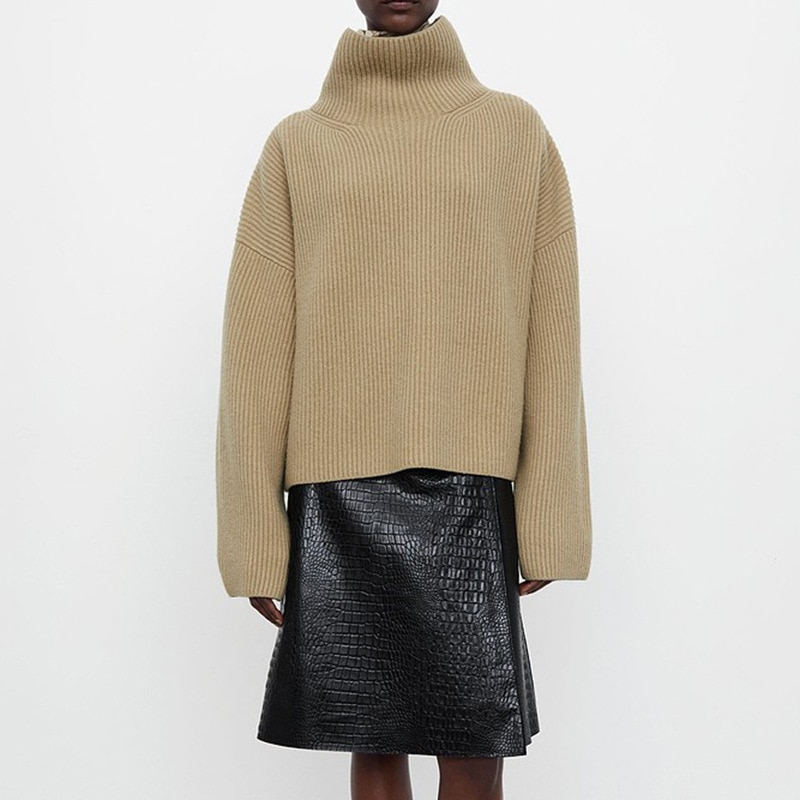 Wool yak hair stand-up collar ribbed knit sweater women's drop shoulder ribbed loose turtleneck sweater 2022 fall and winte