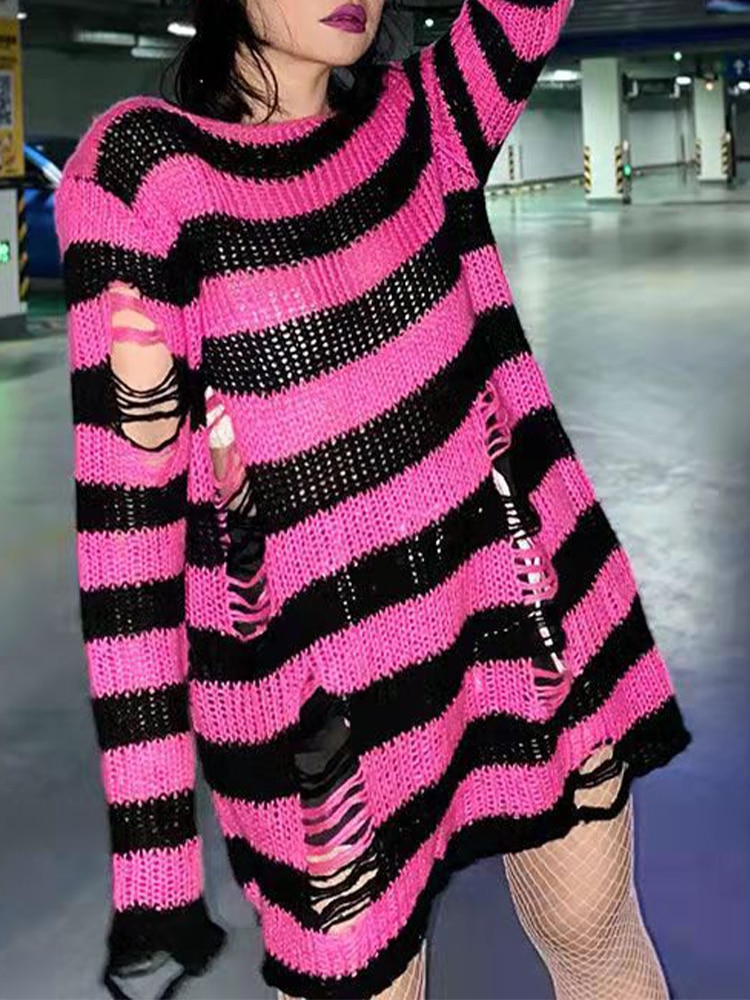 Oversized Sweater Women Winter Striped Hole Goth Japanese Hollow Out Punk Broken Long Broken Thin Goth Gothic Hollow Out Thin