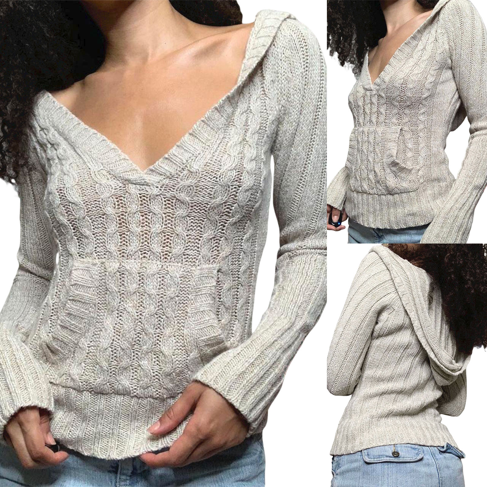 Autumn Women Casual Hooded Sweater Fashion Knit Long Sleeve Solid Color V Neck Fall Pullovers Tops with Pocket