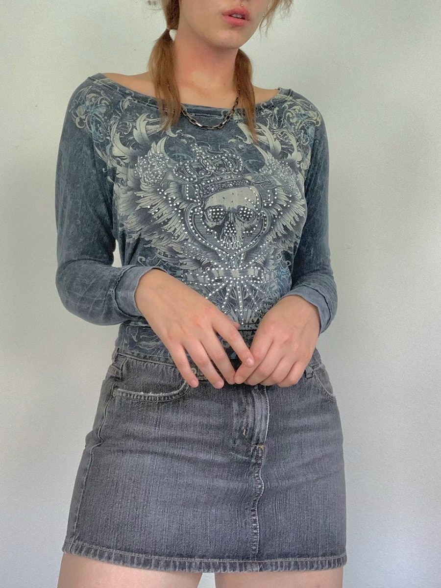 Female Pullover, Rhinestones Printed Patterns Boat Neck Long Sleeve T-shirt Tops Spring Autumn Outfit for Women, S/M/L