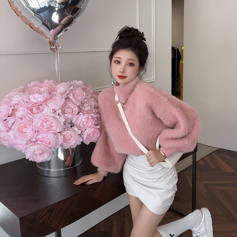 Boring Honey High Collars Sweater Women Winter Ballon Sleeve Pullover Knitwears Solid Colors Long Sleeves Sweater Tops