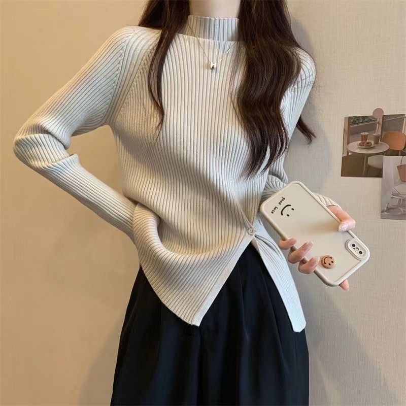 2023 New Autumn Winter Sweater Womens High Collar Long-sleeved Split Warmth Wear Clothes Slim Soft Knitted Bottomed Sweater Girl