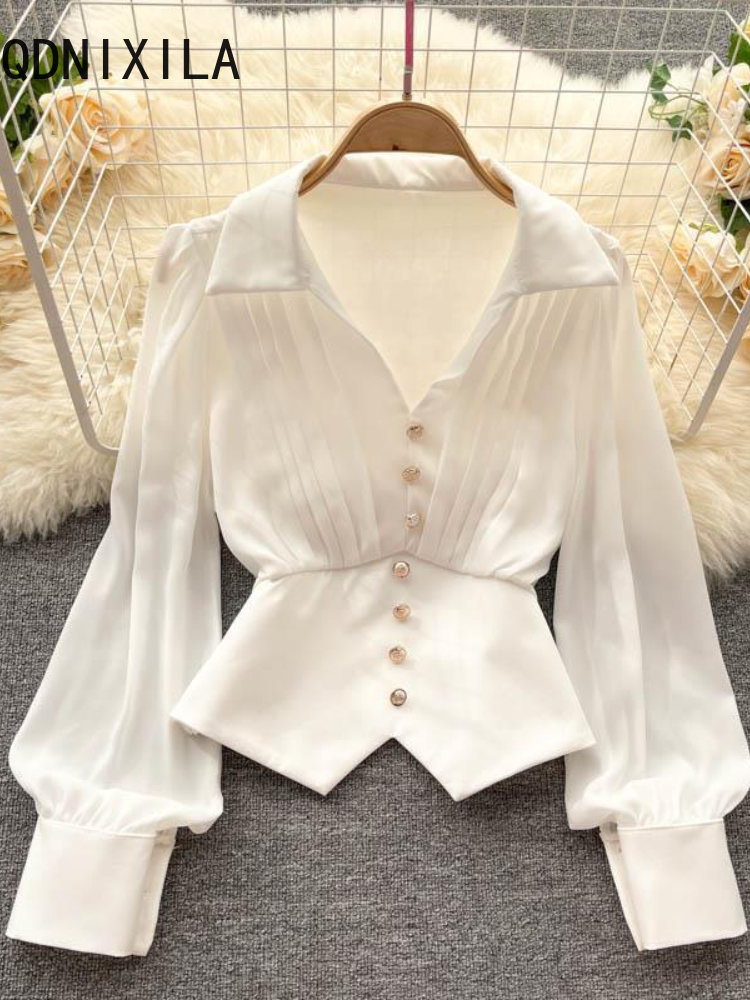 New In Spring Summer Small Pleated V-neck Long Sleeve Shirt Women's Temperament Irregular Hem Pullovers Tops Blouse Women
