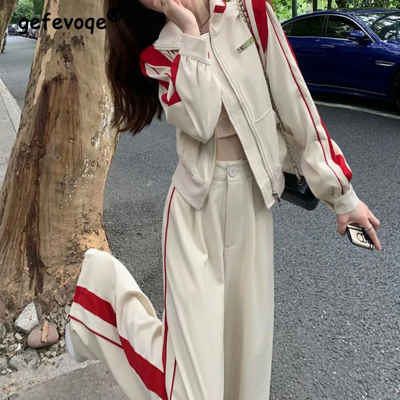 Sporty Sense of Design Red Color Contrast Bright Line Spliced Zipper Women Suit Metal Label Decorate Striped Wide Leg Pants 2XL